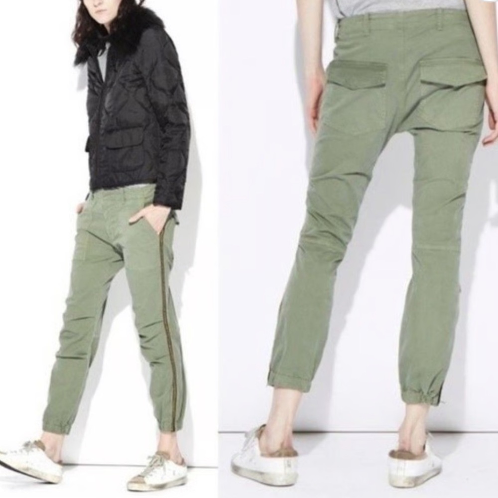 NILI LOTAN FRENCH MILITARY CROP PANTS CAMO GREEN GROSGRAIN SIDE STRIPE ANKLE ZIP
